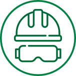 A line art icon of a hard hat and safety goggles.